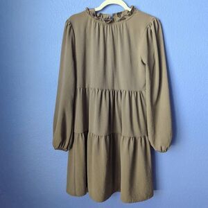 Women's Copper Key Baby Doll Dress Long Sleeve Round Neckline Brown XS Ruffled